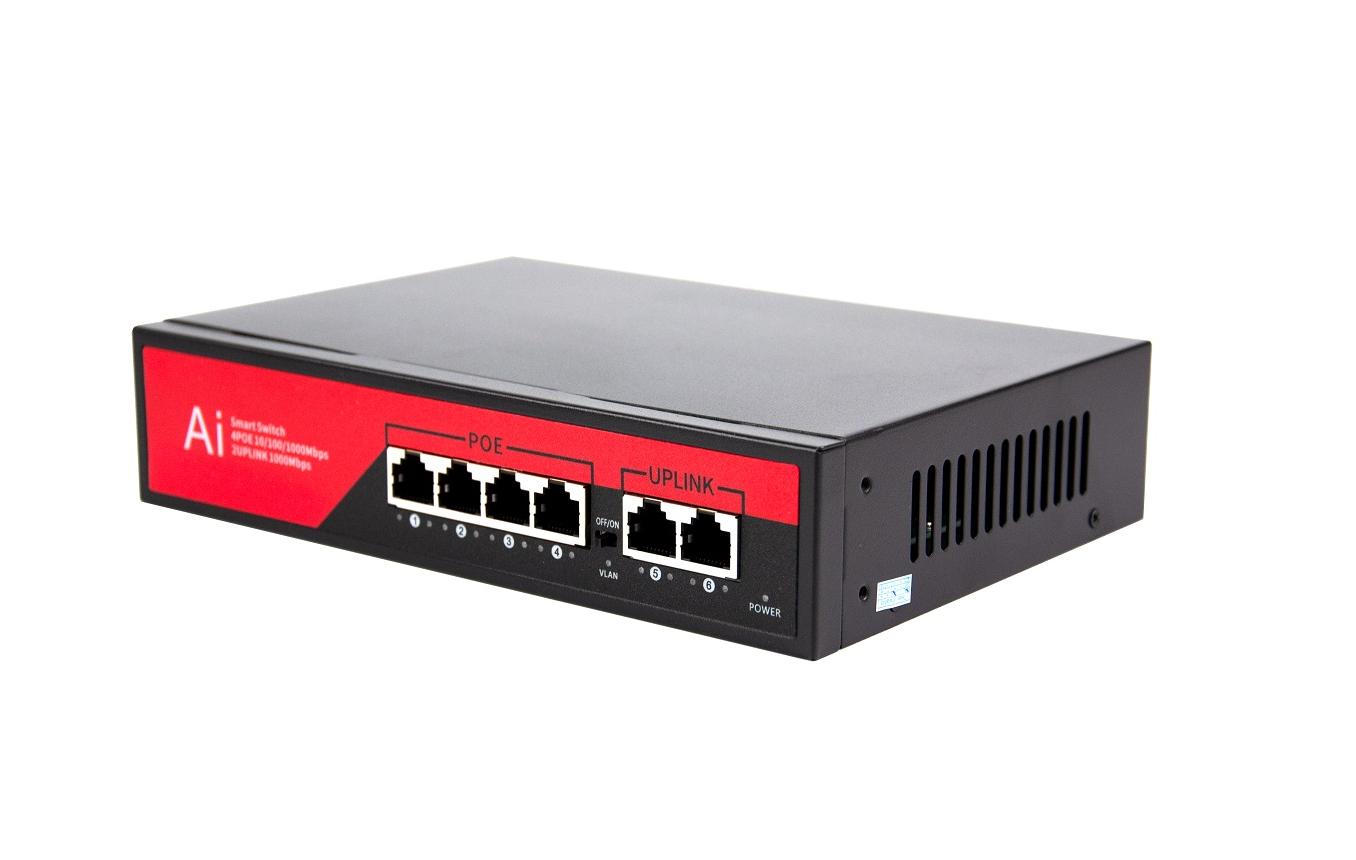 Коммутатор-свитч Bazis, 4 RJ45 порта 1Гбит/с, 2 Uplink порта 1Гбит/с, PoE